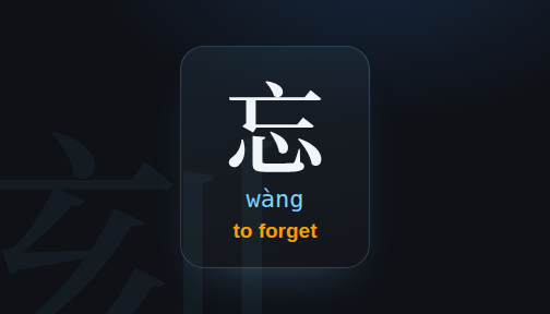 Kezi flashcard showing the character 忘, wàng, to forget